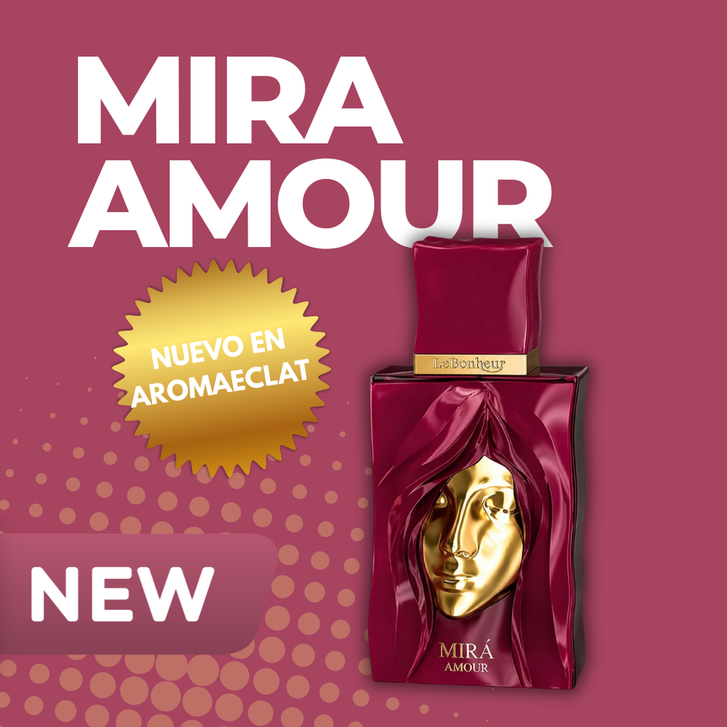 Mira Amour Le Bonheur 100ml – Eau de Parfum árabe femenina dulce y cremosa, novedad en AromaEclat, frasco burdeos con máscara dorada, aroma caramelo y bayas
