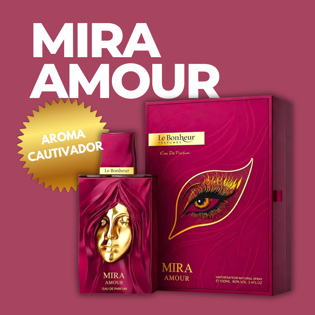 Mira Amour Le Bonheur Eau de Parfum 100ml – frasco y caja burdeos con máscara dorada, perfume árabe femenino dulce y cremoso inspirado en Eden Juicy Apple de Kayali
