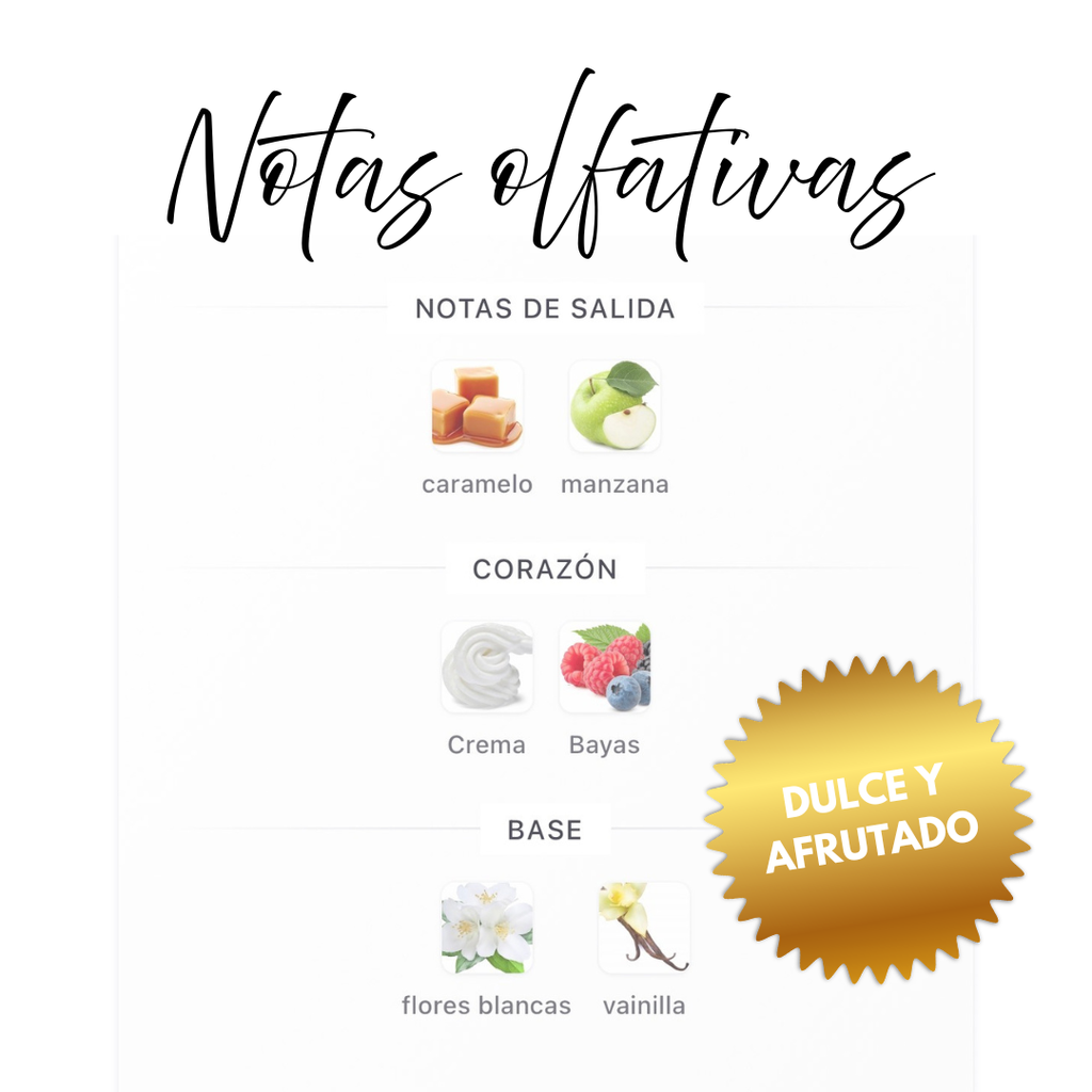 Notas olfativas Mira Amour Le Bonheur – salida caramelo y manzana jugosa; corazón crema y bayas; base flores blancas y vainilla. Vibra Eden Juicy Apple, perfume árabe dulce y afrutado
