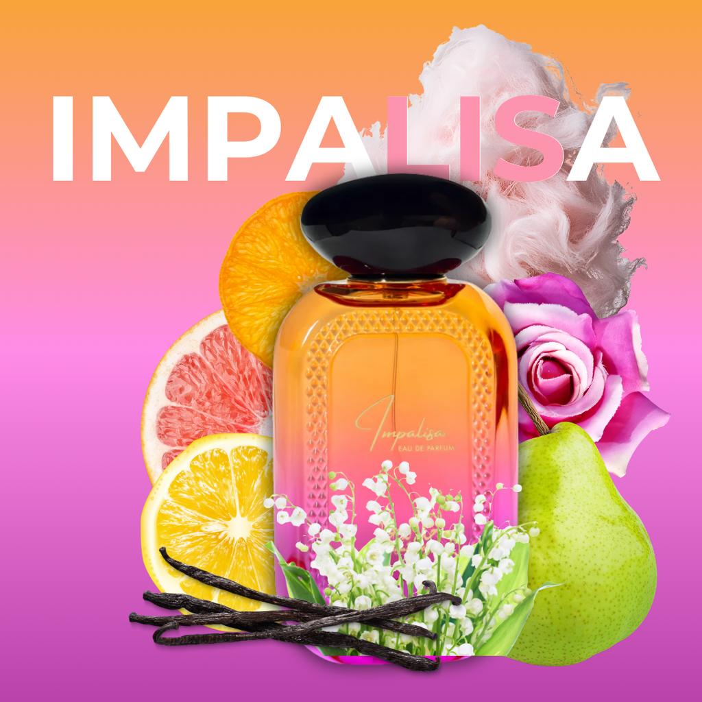 Composición detallada de Impalisa: cítricos frescos, rosas turcas, sándalo y base de ámbar con vainilla
