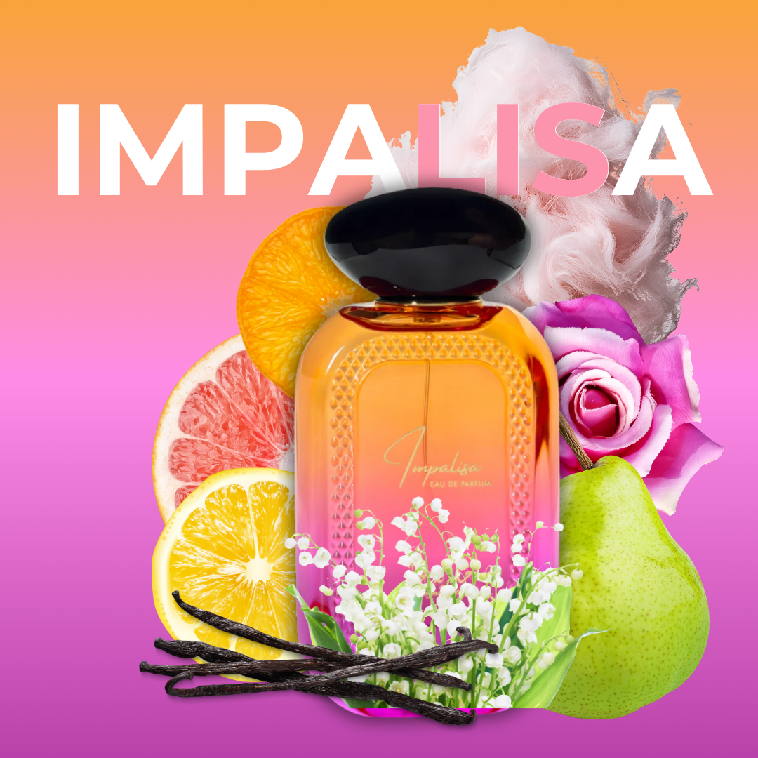 Composición detallada de Impalisa: cítricos frescos, rosas turcas, sándalo y base de ámbar con vainilla
