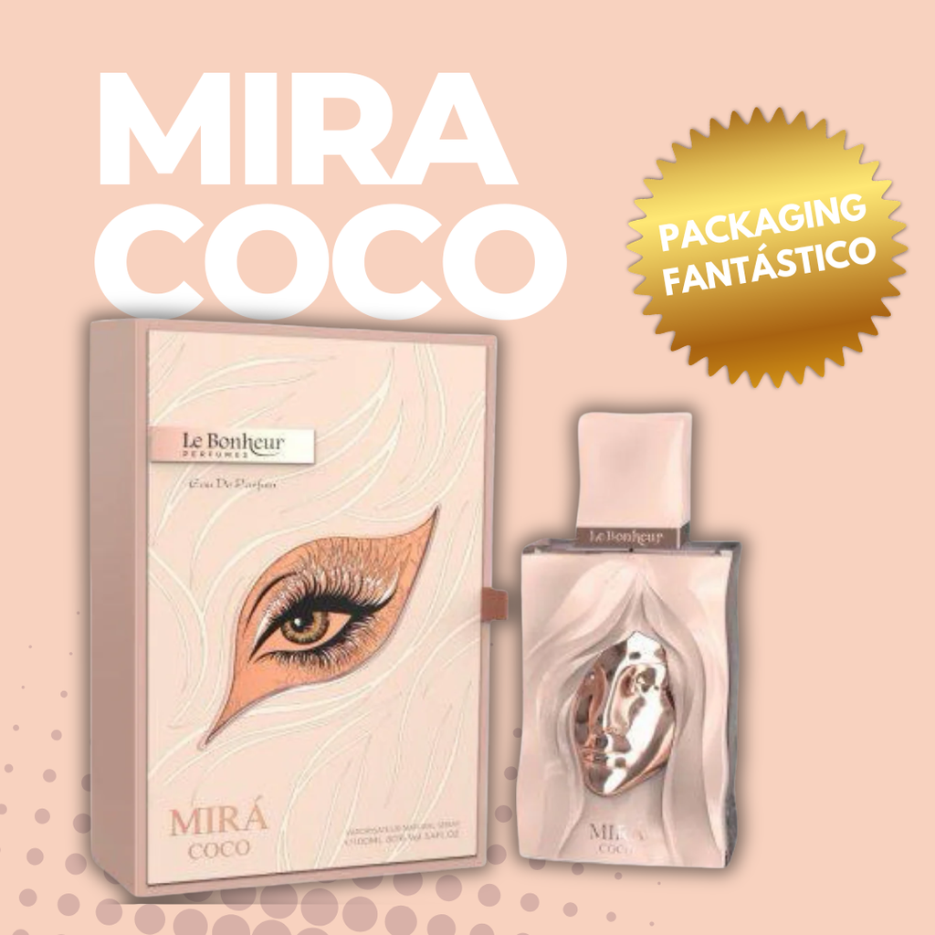 Packaging Mira Coco Le Bonheur Eau de Parfum 100ml – Perfume femenino oriental sofisticado ideal para otoño e invierno
