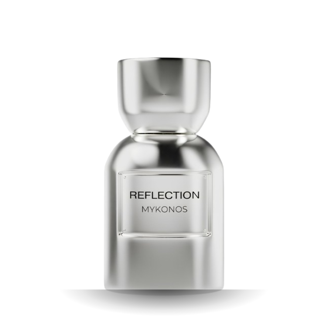 Mykonos Reflection EDP 100ml – frasco de perfume árabe unisex sobre fondo blanco, fragancia fresca y marina
