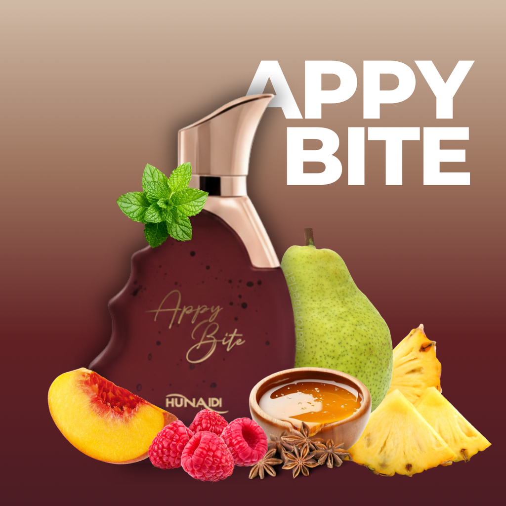 Packaging Shaikh Saeed Appy Bite EDP 100ml para hombre – Caja y frasco del perfume frutal gourmand masculino. Fragancia tropical y dulce con base cálida de vainilla y almizcle. Producto auténtico.
