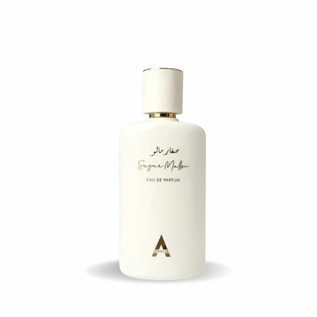 Sugar Mallow de Atralia 100 ml Eau de Parfum, frasco blanco y caja en presentación de perfume árabe.
