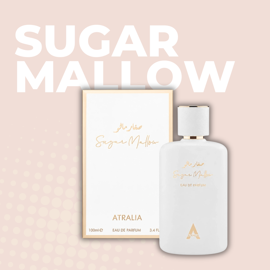 Perfume Árabe Sugar Mallow de Atralia 100 ml Eau de Parfum, frasco blanco con detalles dorados sobre fondo blanco.