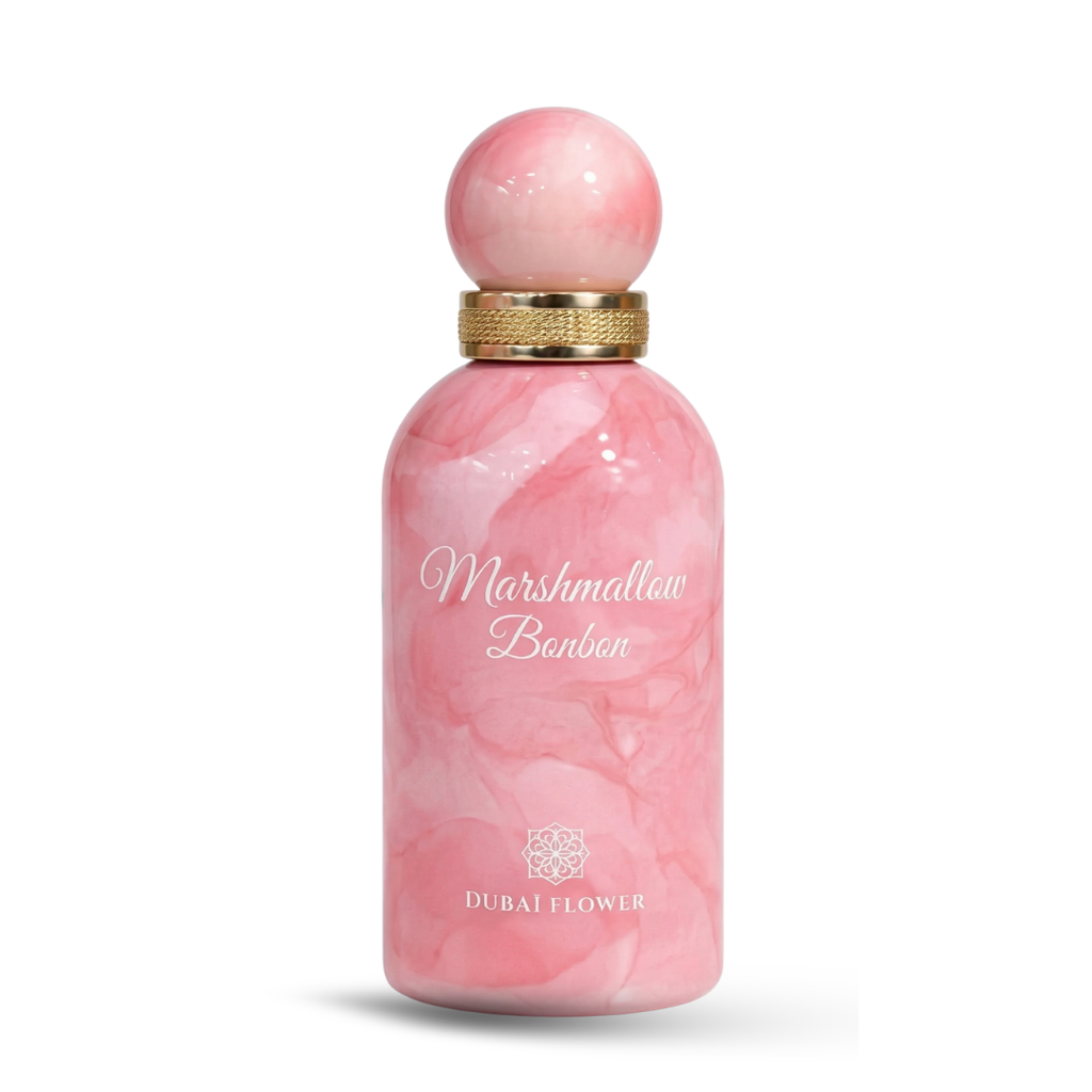 Dubai Flower Marshmallow Bon Bon 100ml – frasco rosa marmolado con tapón esférico y detalles dorados, fondo blanco
