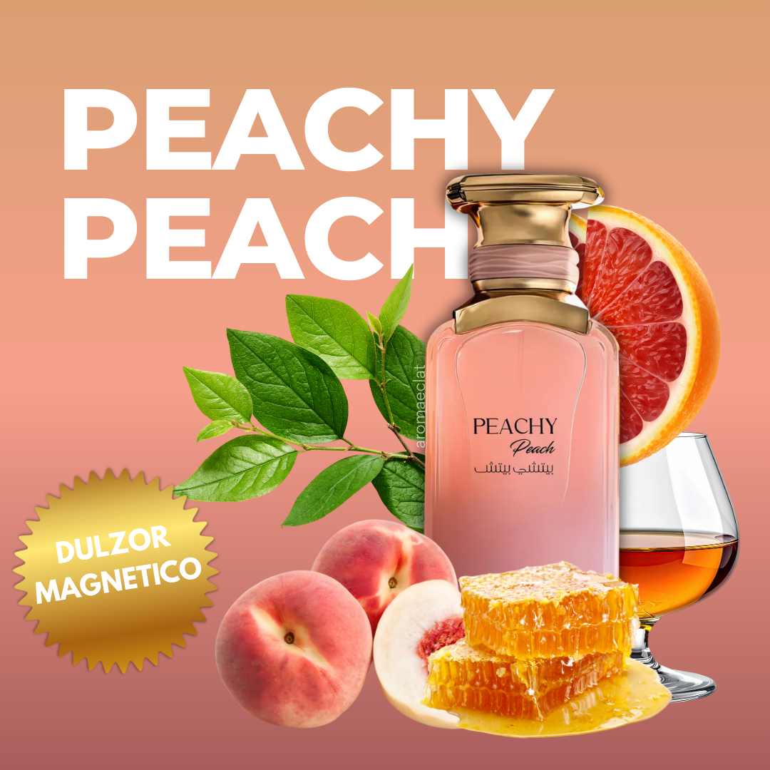 Fragancia jugosa y divertida con melocotón vibrante, frescura verde y base dulce de miel con coñac, sensación desenfadada y reconfortante
