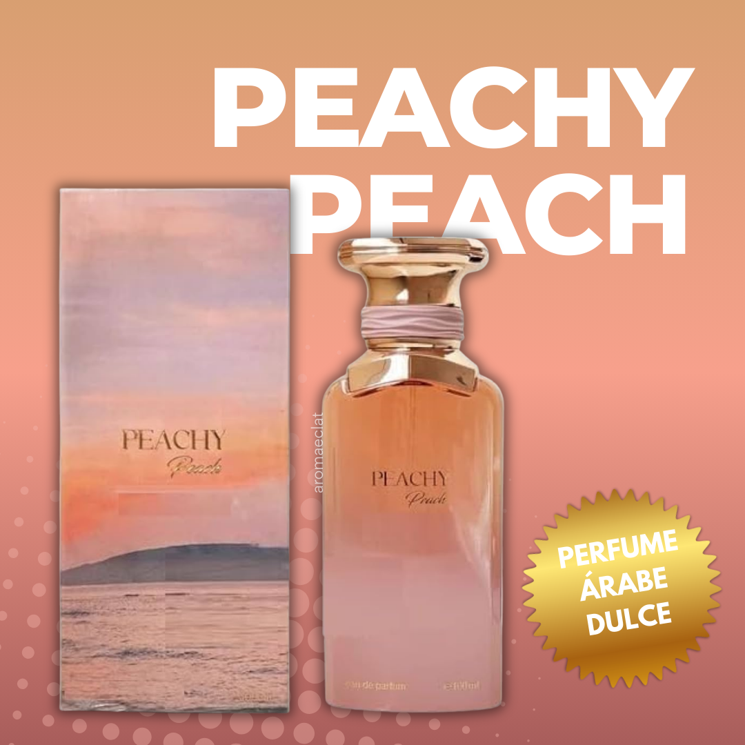 Packaging de Peachy Peach Ahmed Al Maghribi, perfume árabe unisex de 100ml con diseño moderno y vibrante
