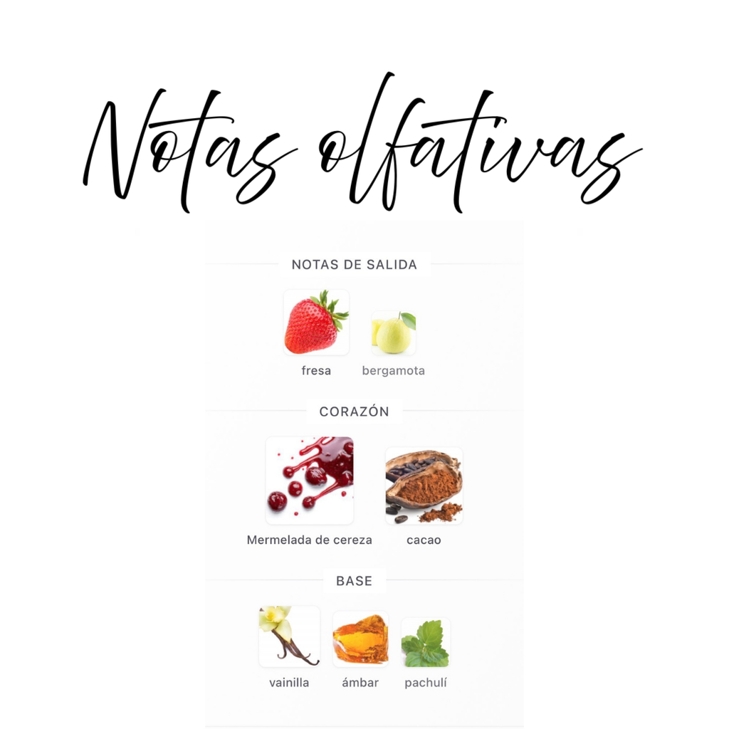 Notas olfativas Mayar Cherry Intense – salida fresa y bergamota, corazón mermelada de cereza y cacao, fondo vainilla ámbar y pachulí