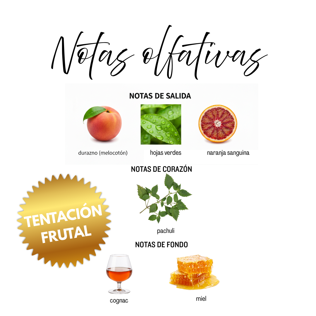 Notas olfativas de Peachy Peach: melocotón jugoso, hojas verdes, naranja sanguina, pachulí terroso, coñac y miel dulce
