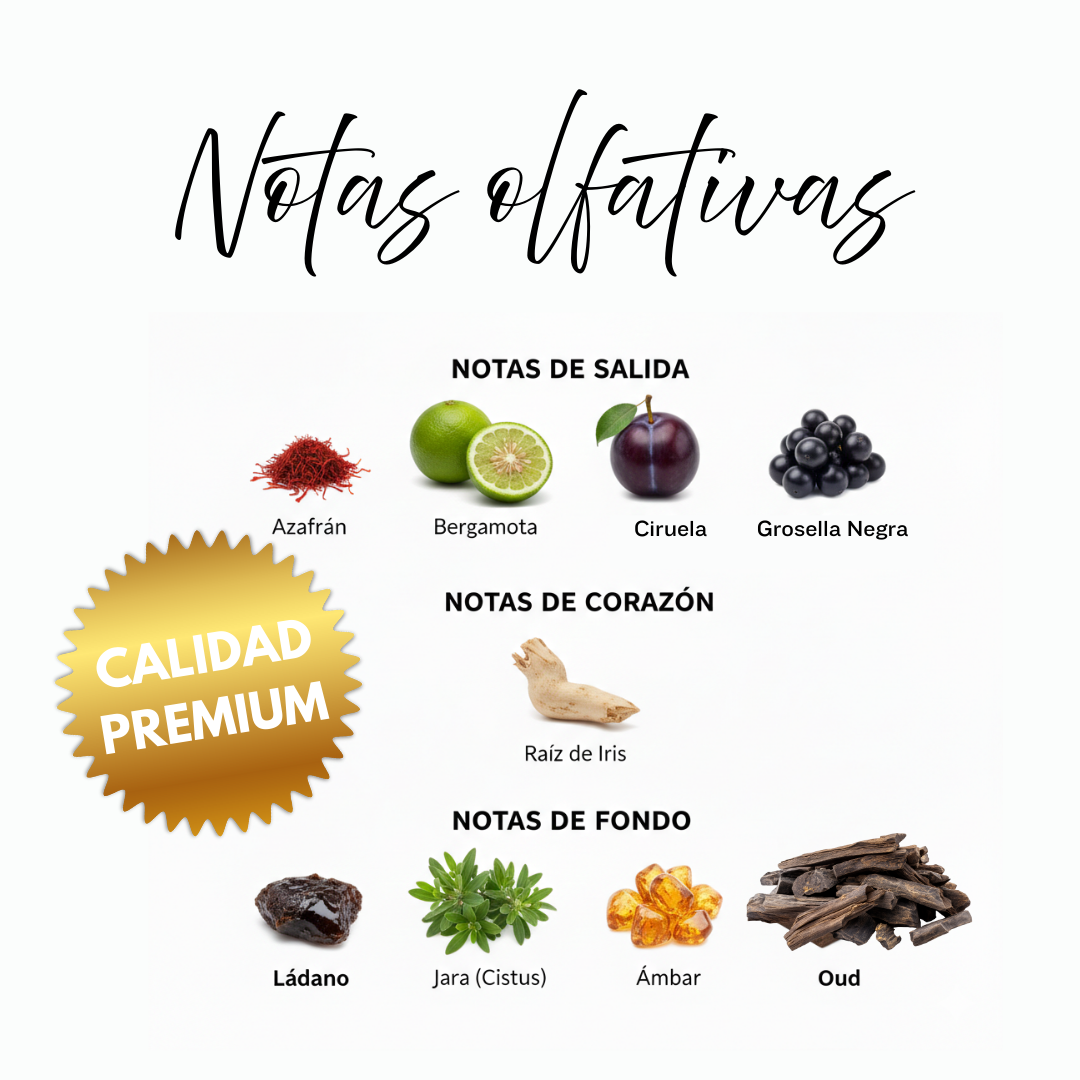 Notas olfativas de Plumpy Bite: azafrán refinado, bergamota, ciruela jugosa, grosella negra, raíz de iris, lábdano, oud noble y pachulí
