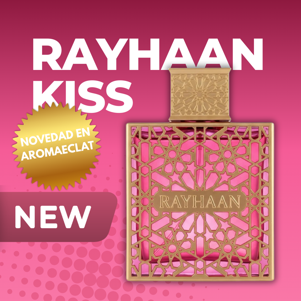  Rayhaan Kiss Eau de Parfum 100ml para mujer - Perfume árabe femenino gourmand con notas de fresa, frambuesa, coco y praliné en salida; leche condensada, flor blanca y caramelo en corazón; vainilla, almizcle, haba tonka y sándalo en fondo. Frasco elegante con presentación premium. Fragancia dulce y cremosa ideal para día o noche.