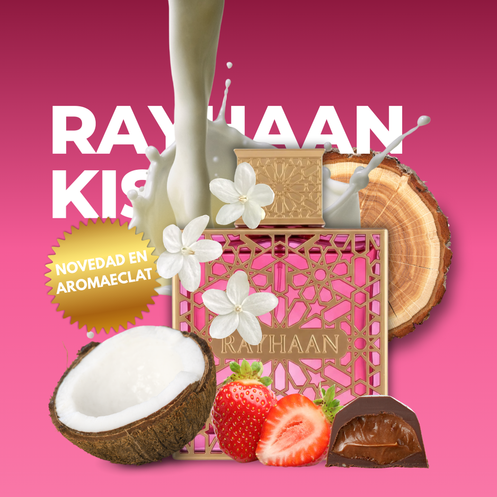 Rayhaan Kiss EDP 100ml para mujer - Perfume gourmand con notas de salida de fresa jugosa, frambuesa ácida, coco tropical y praliné caramelizado; corazón de leche condensada cremosa, flor blanca suave, caramelo y azahar; fondo de vainilla envolvente, almizcle cálido, haba tonka y sándalo amaderado. Fragancia dulce, cremosa y adictiva.