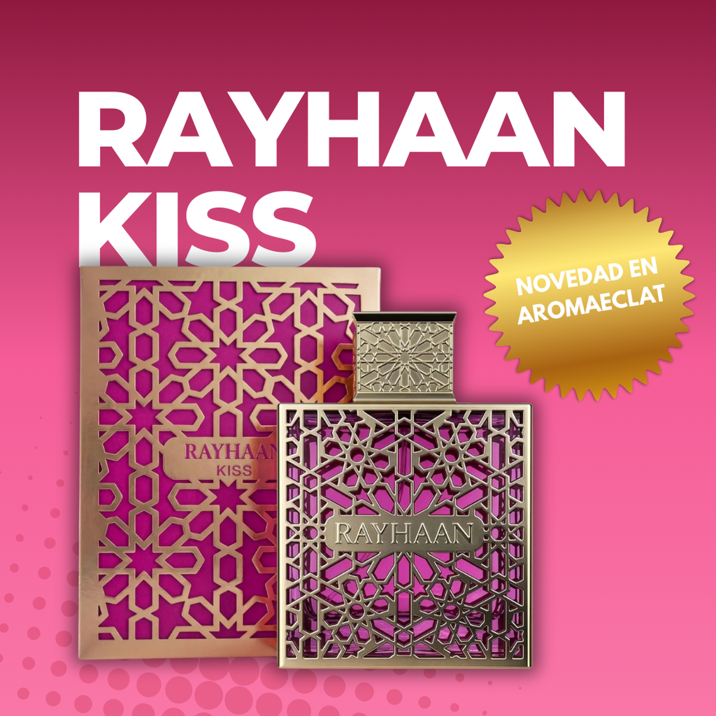  Detalle del frasco de Rayhaan Kiss EDP 100ml - Perfume femenino con notas gourmand frutales de fresa y frambuesa, corazón cremoso de leche condensada y caramelo, base de vainilla y almizcle. Packaging premium de perfume árabe con acabado sofisticado.