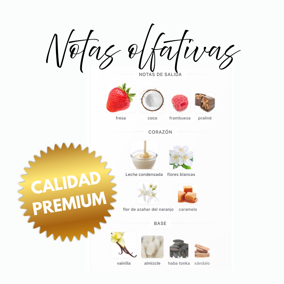 Rayhaan Kiss 100ml - Eau de Parfum femenino gourmand con pirámide olfativa de fresa, frambuesa, coco y praliné (salida), leche condensada, flor blanca, caramelo y azahar (corazón), vainilla, almizcle, tonka y sándalo (fondo). Perfume dulce y adictivo con larga duración de 8-10 horas