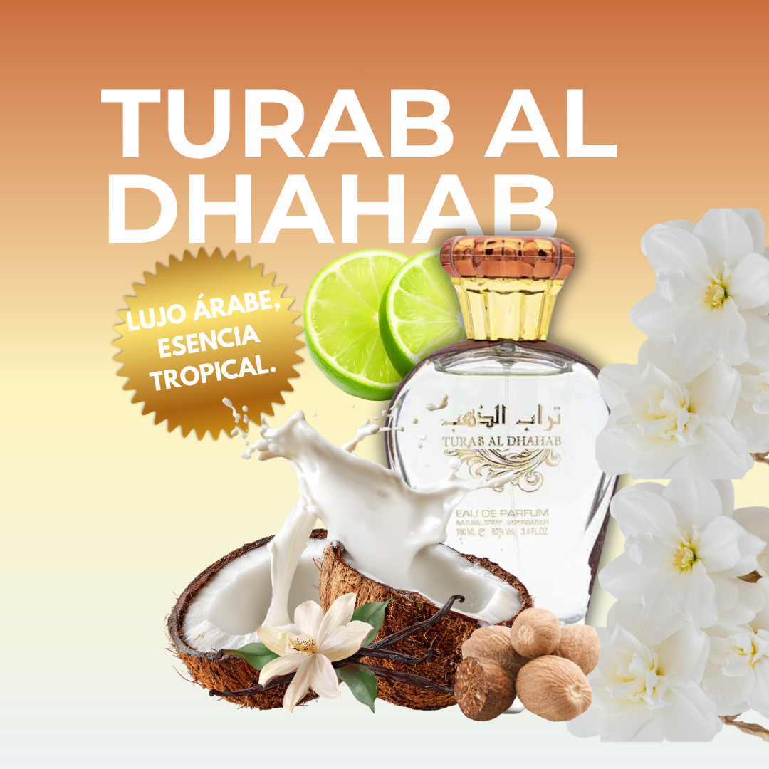 Fragancia Árabe Turab Al Dhahab 100ml – Eau de Parfum | Coco Tropical y Cítrico