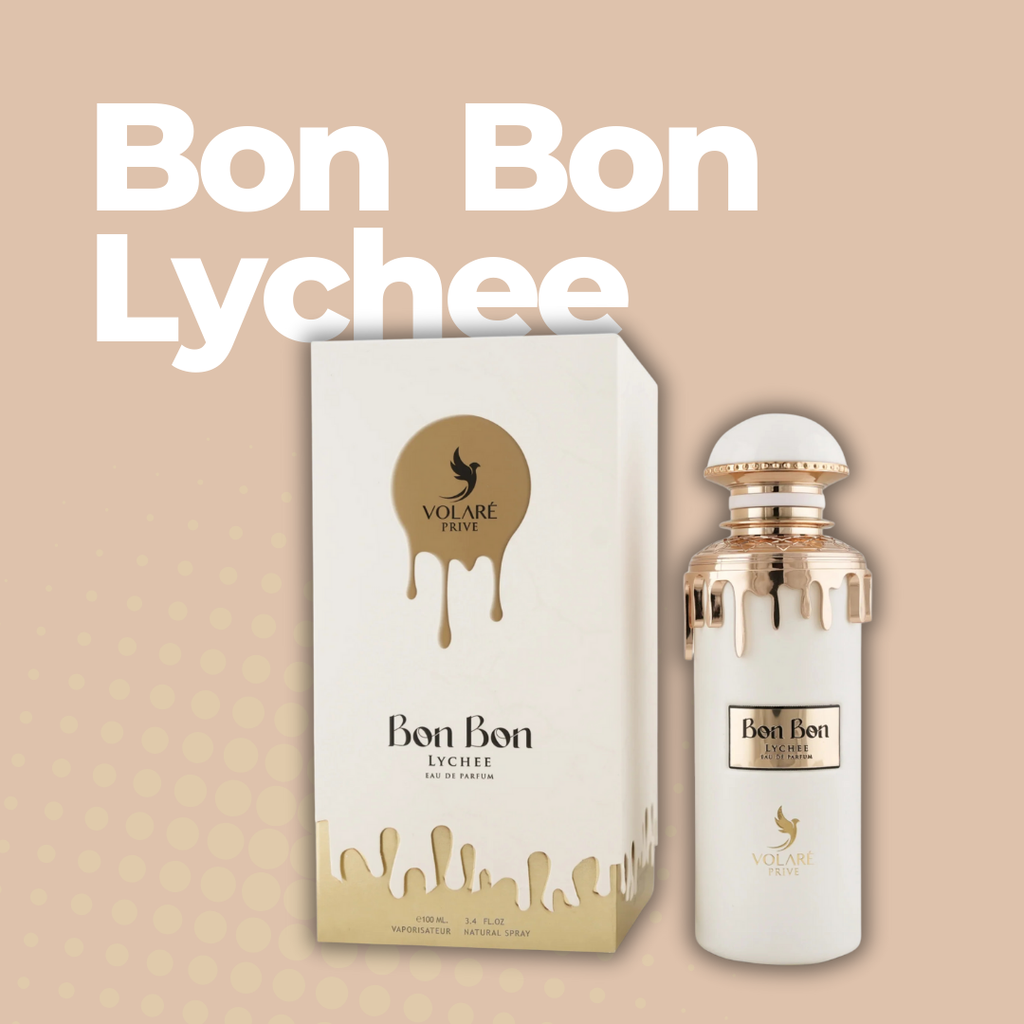 Packaging de lujo de Bon Bon Lychee Volare Prive, perfume árabe femenino de 100ml con diseño sofisticado y moderno
