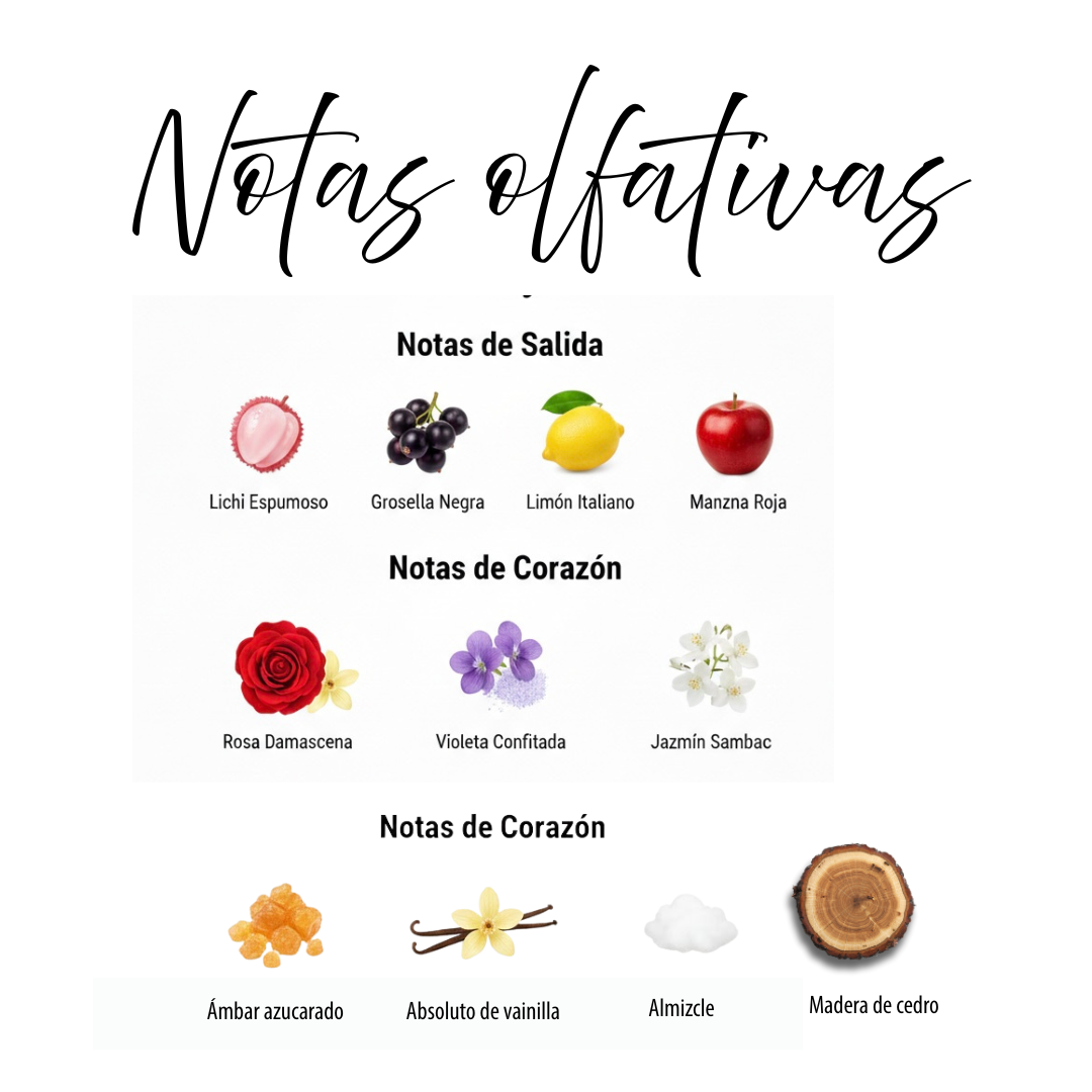 Notas olfativas de Bon Bon Lychee: lichi espumoso, grosella negra, limón, rosa damascena, violeta confitada, ámbar azucarado y vainilla absoluta
