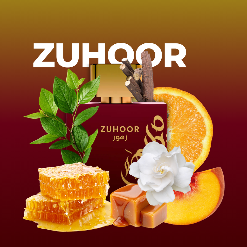 Mawwal Arabia Zuhoor EDP 100ml rodeado de sus ingredientes olfativos | Naranja, mandarina, jazmín, gardenia, miel, melocotón, caramelo y pachulí | Eau de Parfum femenino oriental floral árabe | Frasco perfume árabe Mawwal Arabia con ingredientes naturales | Aroma dulce, cítrico y cálido que evoca feminidad y sofisticación
