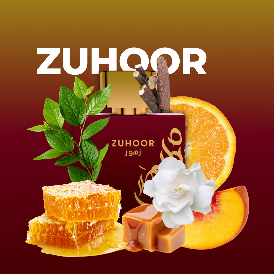 Mawwal Arabia Zuhoor EDP 100ml rodeado de sus ingredientes olfativos | Naranja, mandarina, jazmín, gardenia, miel, melocotón, caramelo y pachulí | Eau de Parfum femenino oriental floral árabe | Frasco perfume árabe Mawwal Arabia con ingredientes naturales | Aroma dulce, cítrico y cálido que evoca feminidad y sofisticación
