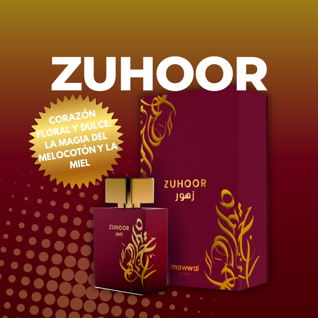 Mawwal Arabia Zuhoor EDP 100ml frasco y caja packaging completo | Notas de jazmín, miel, caramelo y naranja sanguínea | Perfume femenino árabe de lujo para día y noche | Presentación regalo perfumería oriental árabe | Fragancia envolvente, dulce y floral con base gourmand
