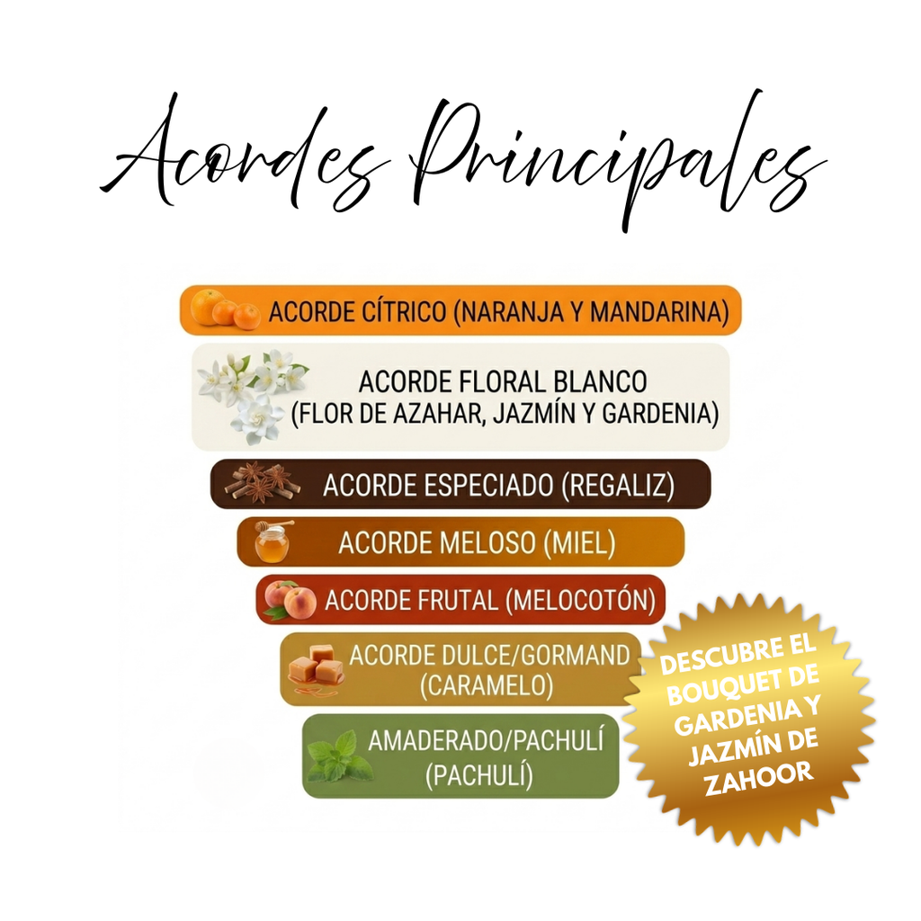 Acordes principales de Mawwal Arabia Zuhoor EDP femenino | Floral, gourmand, cítrico, oriental y amaderado | Eau de Parfum árabe para mujer con proyección moderada y hasta 8-10 horas de duración | Perfume Mawwal Arabia presentación árabe premium | Sensaciones dulces, sensuales y sofisticadas
