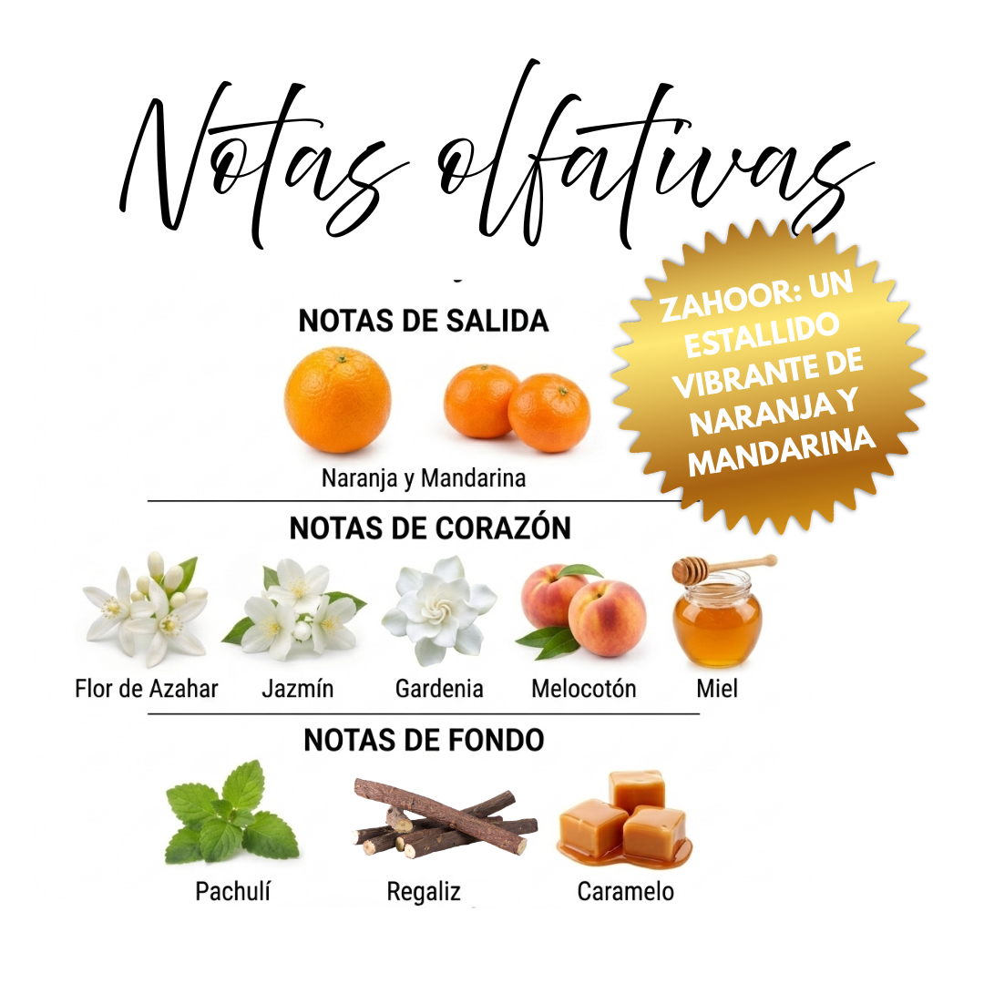 Notas olfativas de Mawwal Arabia Zuhoor EDP 100ml | Salida: naranja sanguínea y mandarina; Corazón: miel, flor de azahar, gardenia, jazmín y melocotón; Fondo: caramelo, regaliz y pachulí | Perfume femenino chipre amaderado dulce | Pirámide olfativa de fragancia árabe gourmand | Aroma jugoso, floral y cálido de larga duración
