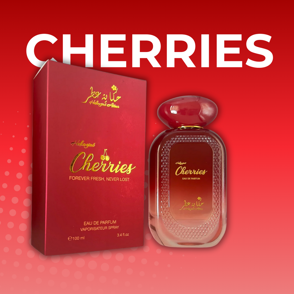 Packaging de Cherries Hekayat Attar, perfume árabe unisex de 100ml con diseño sofisticado y moderno
