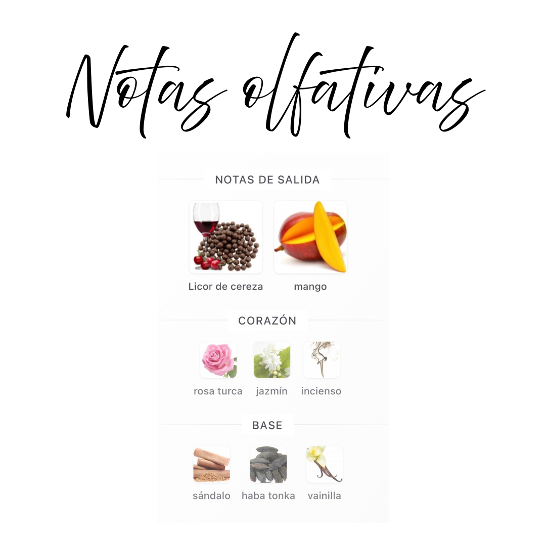 Notas olfativas de Cherries: licor de cereza, mango, rosa turca, jazmín, incienso, sándalo, haba tonka y vainilla
