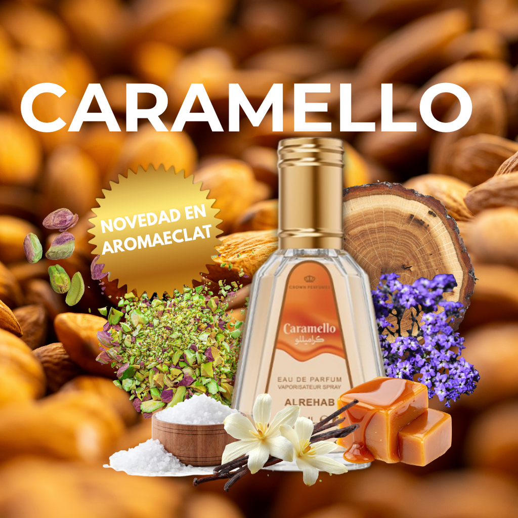 Al Rehab Caramello ingredientes: pistacho, almendra, jazmín, vainilla, caramelo, sándalo, sal