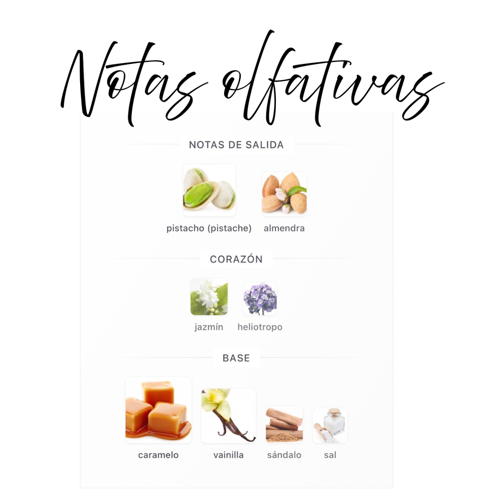 Caramello Al Rehab notas olfativas: pistacho, almendra, jazmín, heliotropo, caramelo, vainilla, sándalo