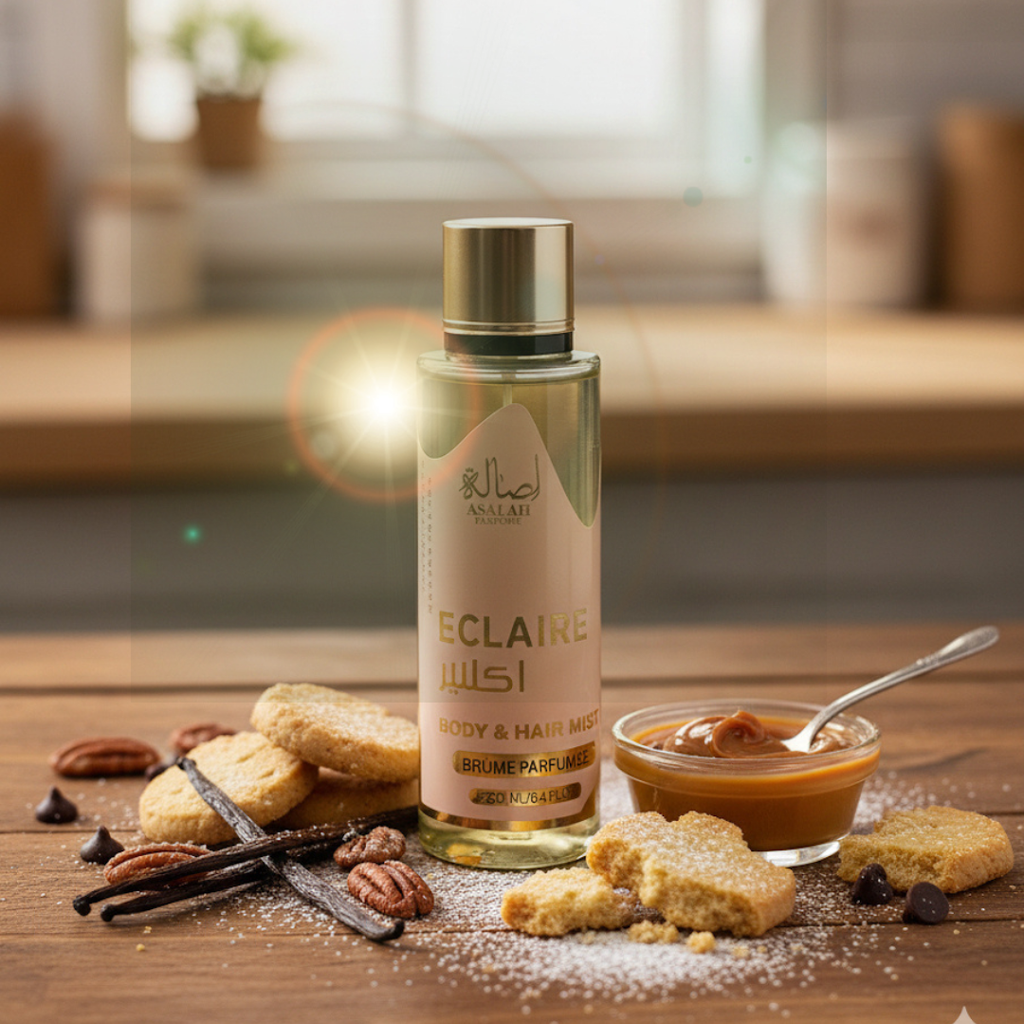 Bruma Éclaire Hair & Body 250ml de Lattafa — Fragancia dulce y envolvente para piel y cabello. Notas de vainilla, ámbar y almizcle. Bruma corporal árabe para mujer. Frescura duradera con un toque gourmand irresistible.
