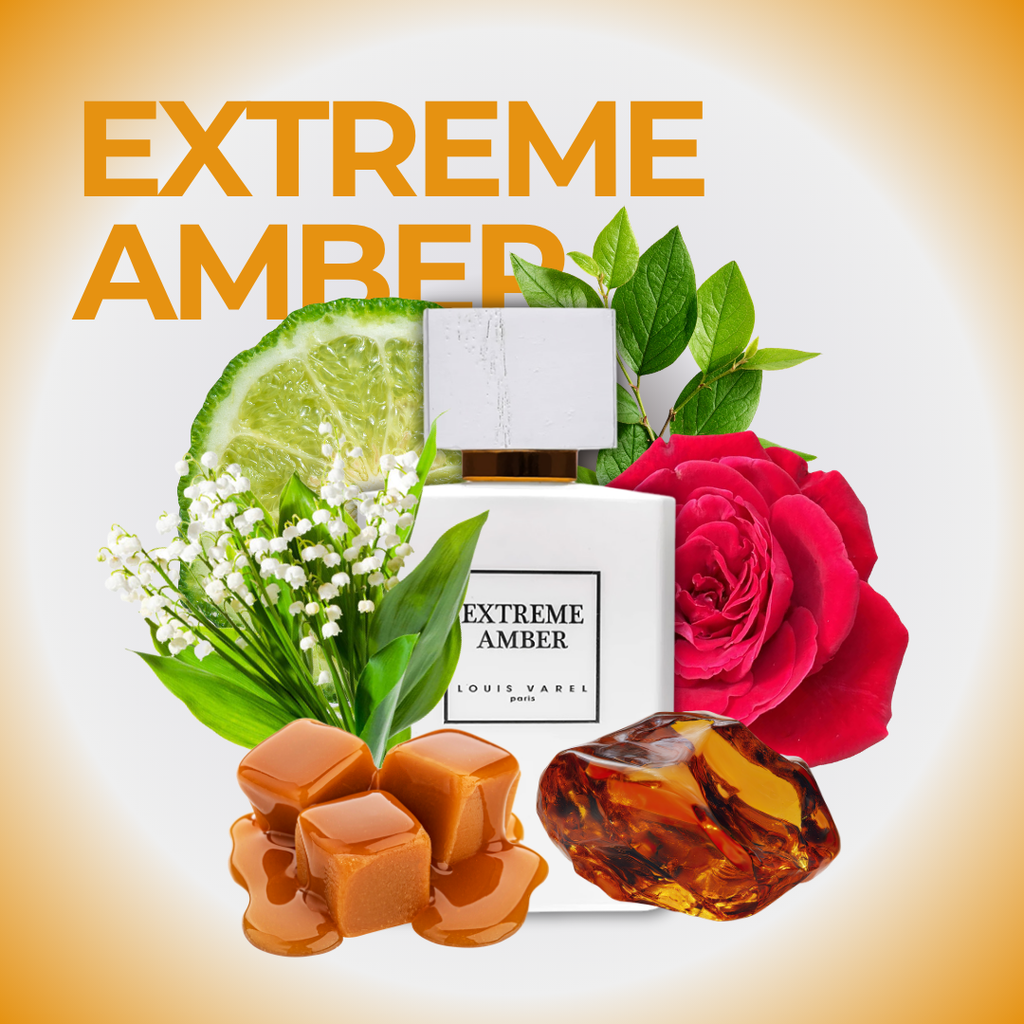 Notas Extreme Amber: bergamota, rosa, muguete, caramelo, ámbar, vainilla, haba tonka