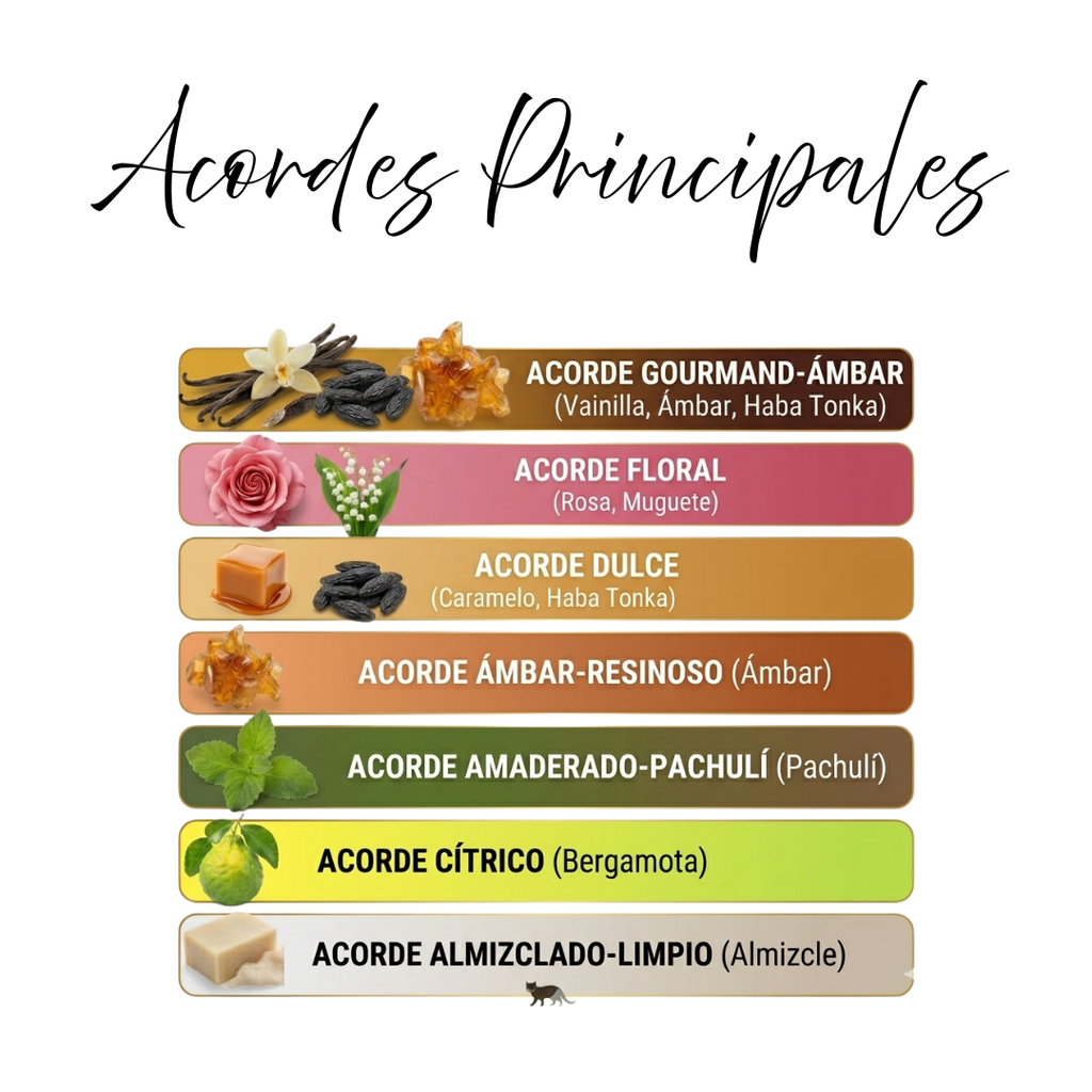 Notas olfativas Extreme Amber: caramelo, bergamota, pachuíl, rosa, muguete, vainilla, haba tonka, ámbar, almizcle