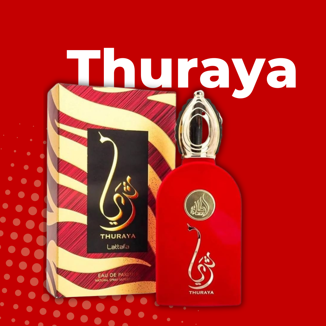 Packaging de Thuraya Lattafa, perfume árabe unisex de 100ml con diseño sofisticado y moderno
