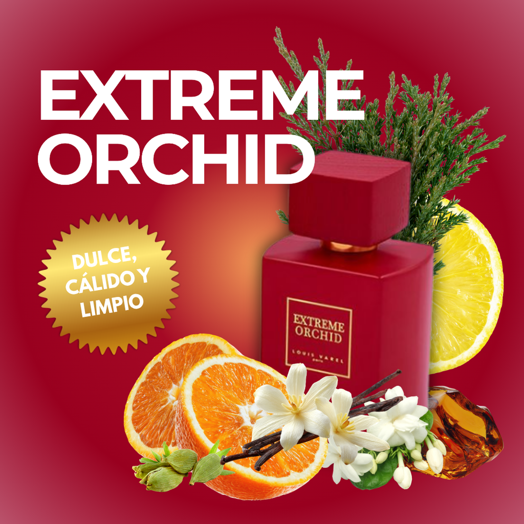 Extreme Orchid con ingredientes: naranja, ciprés, neroli, vainilla – dulce, cálido y limpio