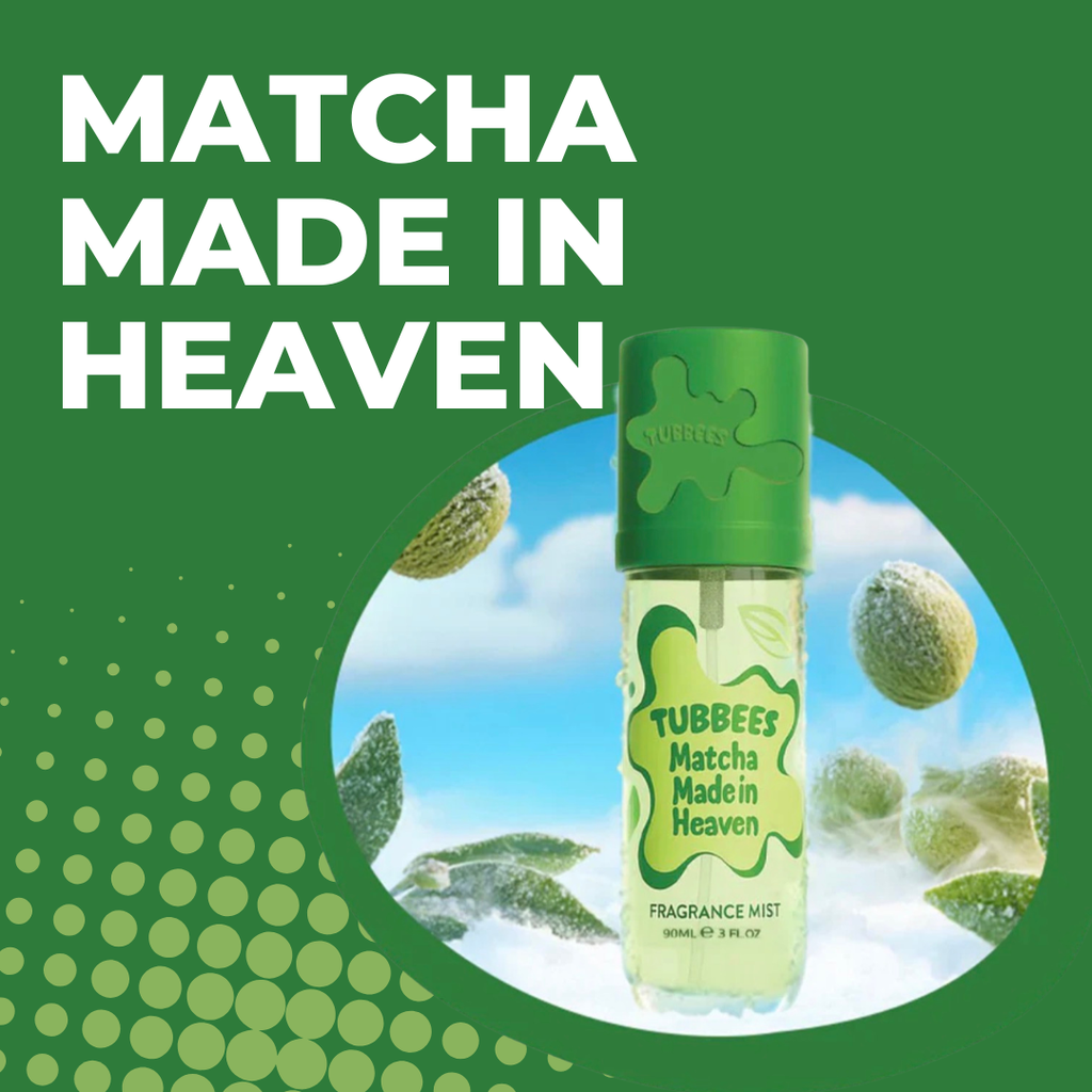 Tubbees Matcha Made in Heaven Fragrance Mist 90ml – frasco verde rodeado de hojas de matcha y cielo azul, bruma fresca y relajante inspirada en Matcha Meditation de Replica
