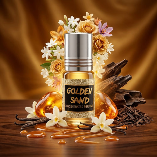 Golden Sand de Al Rehab, composición artística del frasco con flores, vainas de vainilla y elementos ambarinos y amaderados sobre fondo dorado