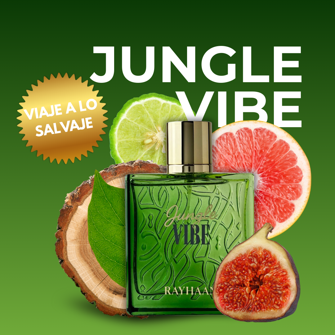 Packaging de Jungle Vibe Rayhaan, perfume árabe unisex de 100ml con diseño elegante inspirado en la naturaleza

