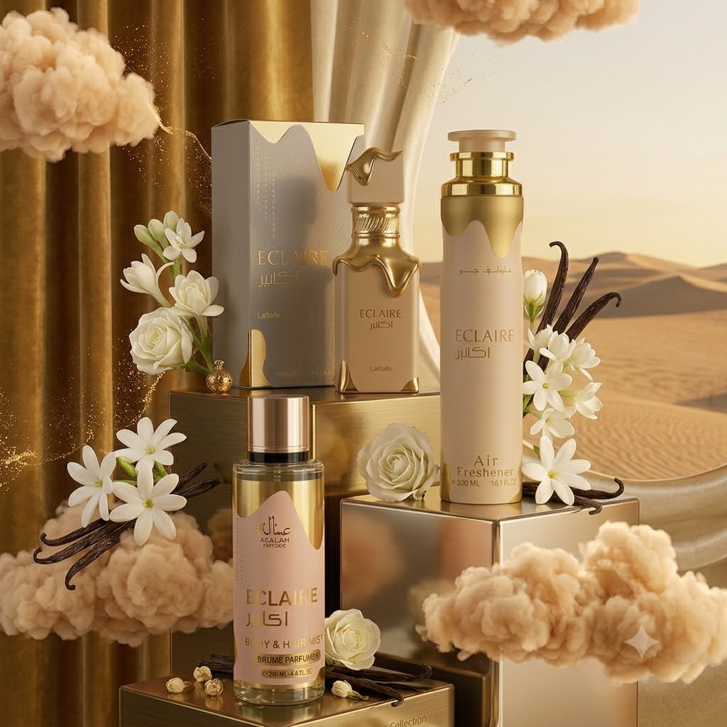 : Pack Éclaire Lattafa — Bruma Hair & Body 250ml, Perfume EDP y Ambientador en Spray 300ml. Notas amaderadas, florales y ambarinas. Perfume árabe unisex, ideal para regalo. Packaging elegante con presentación premium. Una experiencia olfativa árabe completa para ti y tu hogar.