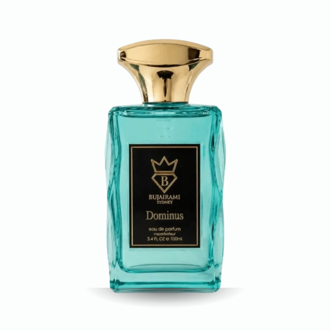 Bujairami Dominus EDP 100ml – frasco de perfume árabe sobre fondo blanco, formato Eau de Parfum tropical
