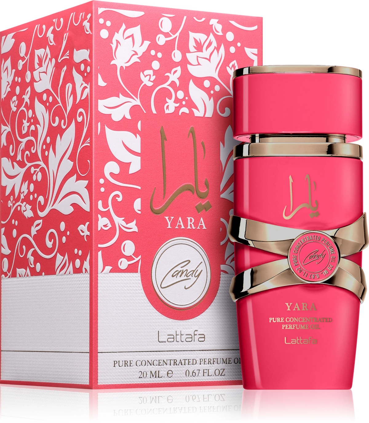 Perfume en aceite concentrado Yara Candy de Lattafa de 20 ml, frasco rosa intenso con detalles metálicos y caja floral
