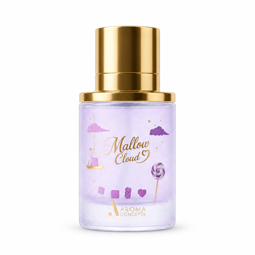 Perfume Mallow Cloud 9 de Aroma Concepts 50 ml, frasco lila con tapón dorado sobre fondo blanco