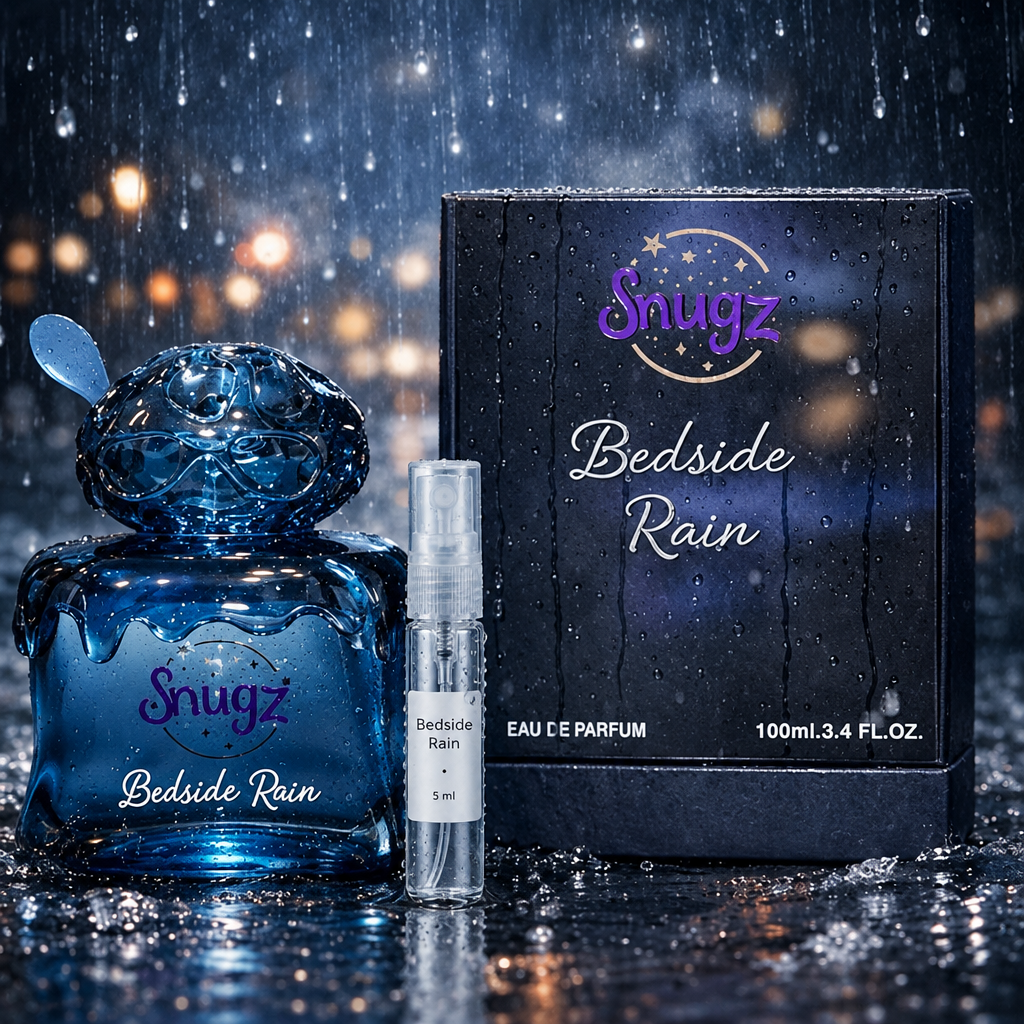 Bedside Rain de Snugz con decant de cristal de 5 ml y tapón translúcido junto al frasco original de referencia