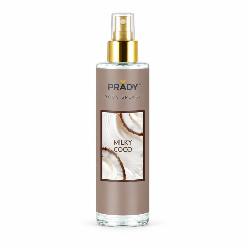 Bruma Milky Coco de Prady 250 ml, frasco con etiqueta de coco y pulverizador dorado sobre fondo blanco