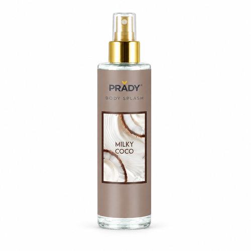 Bruma Milky Coco de Prady 250 ml, frasco con etiqueta de coco y pulverizador dorado sobre fondo blanco
