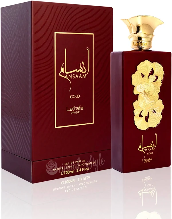 Frasco y caja originales de Ansaam Gold de Lattafa Pride; la venta corresponde a un decant de 5 ml