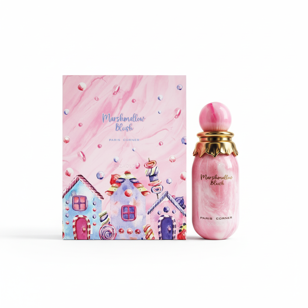 Marshmallow Blush de Paris Corner, Eau de Parfum. Notas olfativas: salida de fresa, frambuesa y limón; corazón de ambroxán, flor de azahar y nata montada; fondo de almizcle, malvavisco y vainilla. Perfume gourmand dulce y romantico. Frasco fotografiado sobre fondo blanco. Aroma cálido, dulce y envolvente, como un abrazo reconfortante.