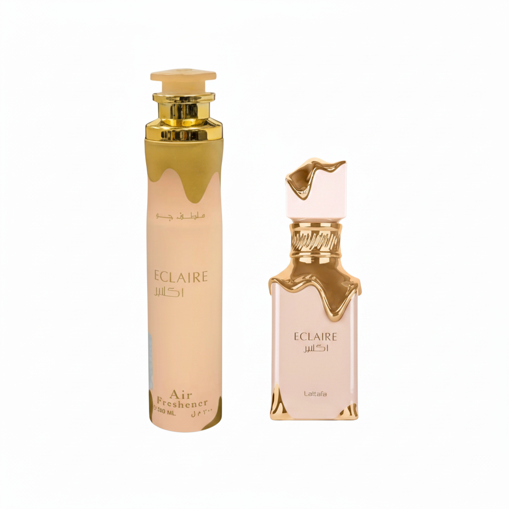 Pack Oferta Especial Eclaire de Lattafa: perfume Eau de Parfum y ambientador a juego. Fragancia gourmand floral con notas de caramelo, leche, miel, flores blancas, vainilla, praliné y almizcle. Perfume árabe dulce y femenino, ideal para regalo. Frasco de perfume y ambientador fotografiados juntos sobre fondo blanco. Aroma cálido, envolvente y adictivo.